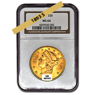 Picture of 1893S $20 Gold Liberty Double Eagle Coin MS64   *
